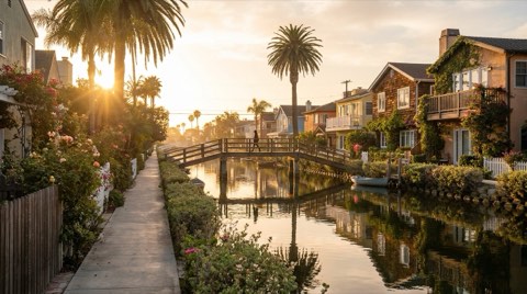 A Venice canal walkway at sunset with footbridges and eclectic beach cottage homes reflected in the water