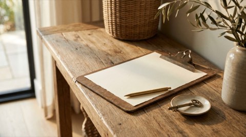 Blank clipboard, pen, and house key on a rustic entryway table