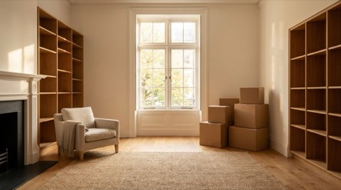Calm, mostly empty living room with stacked unmarked moving boxes