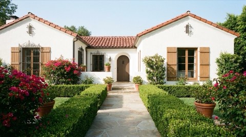 A neatly presented Spanish revival home in Los Feliz with trimmed hedges under bright daylight