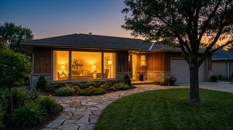 A Mar Vista ranch home at dusk with staged furniture visible through the front window