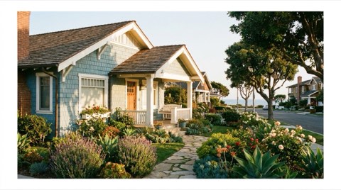 A beautifully staged beach cottage exterior with fresh landscaping in late afternoon light