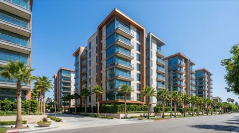 Upscale mid-rise condominium towers along a Westwood boulevard, photographed from street level with palm trees and manicured landscaping in the foreground under a clear daytime sky