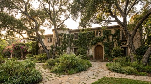 A classic older Bel Air estate with a mature, slightly overgrown garden and ivy-covered stone walls