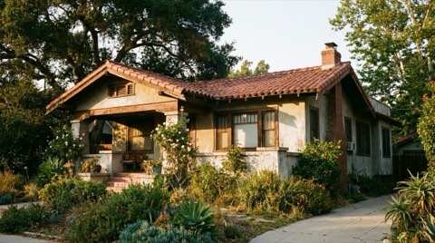 An older classic home exterior with mature established gardens and large old-growth trees