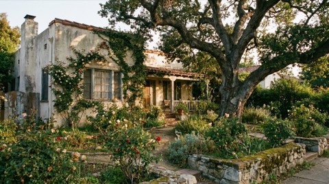 An older vintage Los Feliz home with a mature, established rose garden and a large oak tree at late afternoon