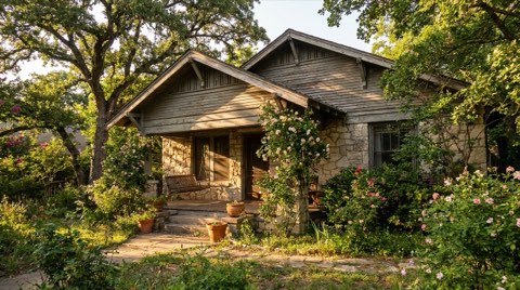 An older, well-loved single-family home exterior with mature landscaping and established trees in warm late-afternoon light