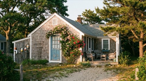 A vintage weathered-shingle beach cottage with a climbing rose bush in warm late afternoon light