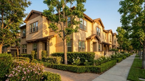 An established, well-kept condo exterior with mature trees and landscaping, lit by warm golden-hour light.