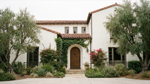 A well-kept 1920s Spanish Revival home in Westwood with white stucco walls, an arched doorway, terracotta roof tiles, and ivy climbing one wall under soft overcast daylight