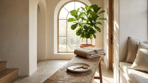 House key on a dish beside a folded blanket in a sunlit entryway