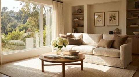 Tastefully staged living room with fresh flowers ready for showing