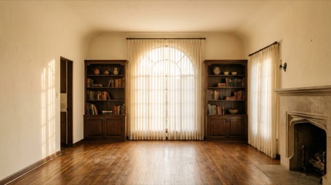 Quiet sunlit room with vintage built-in shelving in an older home