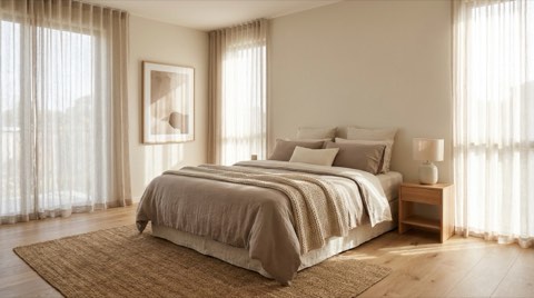 Neatly made bed in a calm, softly lit empty bedroom