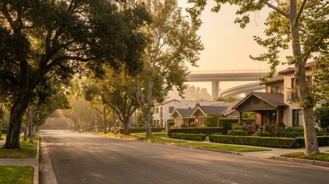 Tree-lined Sherman Oaks street with a freeway ramp in the distance