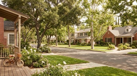 Sherman Oaks family street with shaded lawns and a parked bicycle