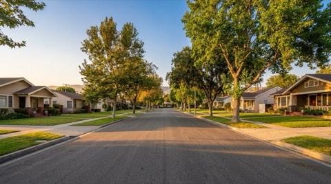 Quiet tree-lined residential street in a San Fernando Valley neighborhood at golden hour