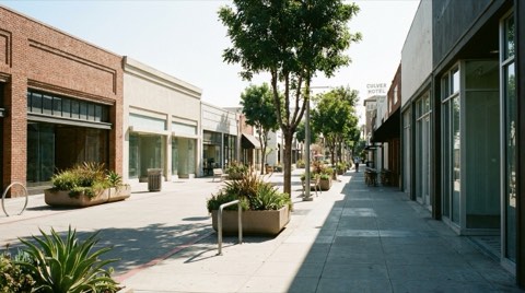 A pedestrian shopping street in downtown Culver City lined with storefronts.