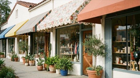 A row of small independent boutique shopfronts with colorful awnings in the Los Feliz village