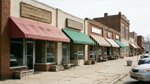 A small retail storefront strip with awnings in Mar Vista