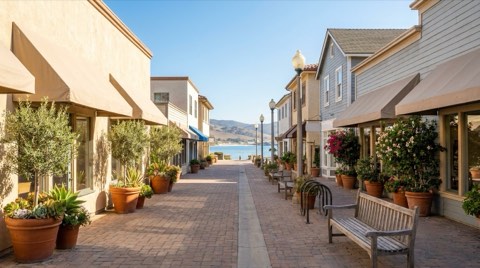 A small daytime coastal shopping street with blank awnings and a low-key village retail feel