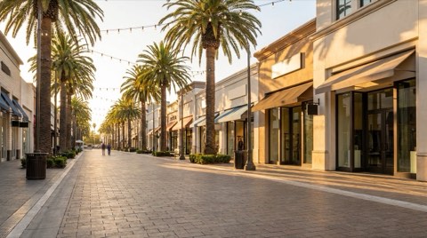 A palm-lined pedestrian shopping street in Santa Monica at golden hour, with storefronts and string lights overhead