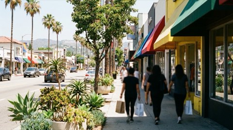 A Ventura Boulevard shopping streetscape in Studio City at midday with storefront awnings