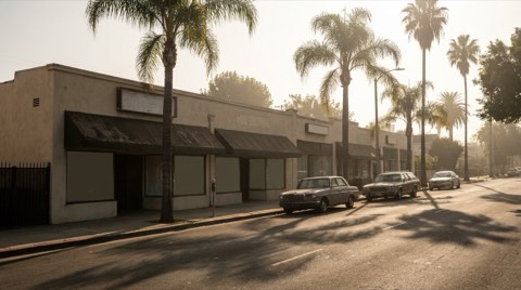 A low-key small-town shopping strip with single-story storefronts and palm trees at midday.