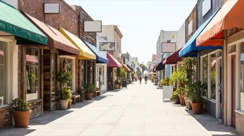 A daytime Venice boutique shopping street with awnings and wide sidewalks
