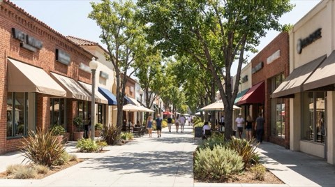 A sunny Westwood Village retail street with low-rise storefronts, awnings, outdoor cafe tables, and planted street trees on a wide pedestrian-scale sidewalk