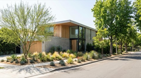 A modern single-family home exterior on a quiet residential street with well-kept landscaping