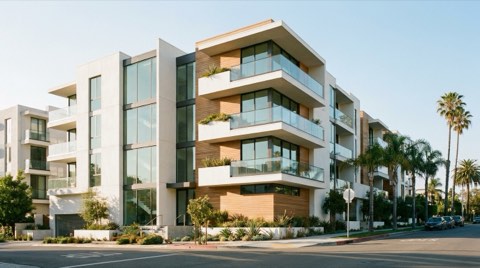 A modern condominium building exterior in Culver City relevant to short-term rental rules.