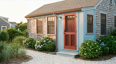 A charming beach vacation rental cottage exterior with a keypad lock on the front door