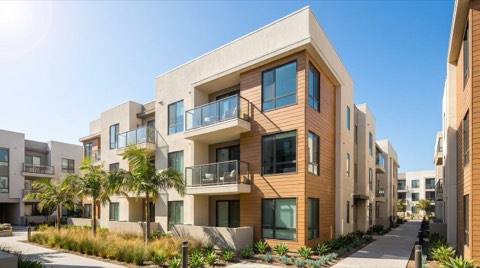 Modern multi-story condo building exterior with several private balconies and large windows, set against a bright blue California sky.