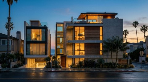 A beach-adjacent modern condominium building in Santa Monica glowing with warm light at dusk