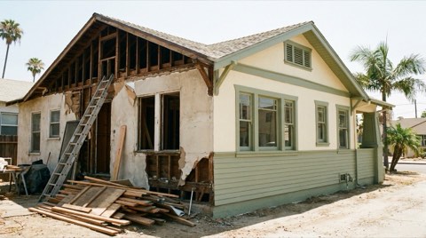 An older Venice bungalow mid-renovation with exposed framing and construction materials