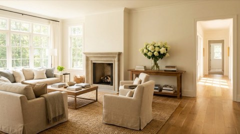 Sunlit staged living room with fresh flowers, ready for visitors