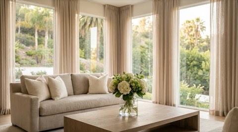 An elegant staged living room with a neutral sofa, a coffee table vase of fresh flowers, and a blurred hillside garden view