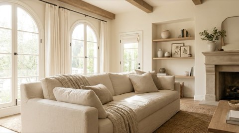 A bright, staged traditional-style living room interior with warm neutral tones and soft natural light
