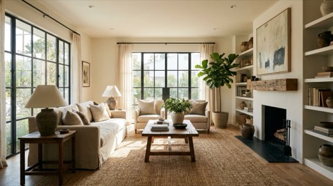 A warmly staged living room interior in a Culver City home.