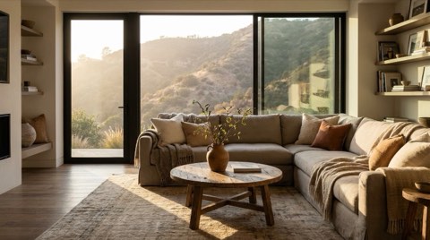 A warmly staged Hollywood Hills living room with a neutral linen sofa and layered textiles, golden afternoon light pouring through a large window overlooking a hazy hillside view