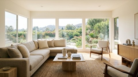 A bright, professionally staged living room in a Los Feliz home with natural daylight and neutral furniture