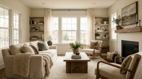 A warmly staged living room interior with neutral furniture and natural light in a Mar Vista home