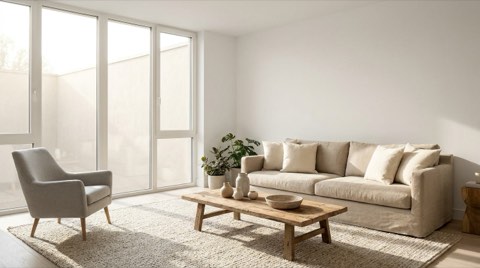 A bright, minimally staged living room interior with neutral furniture and soft natural daylight through large windows