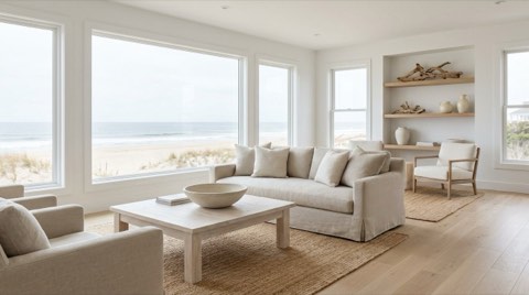 A bright, minimalist staged living room in a coastal beach home with natural light