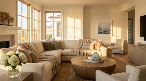 A warm, professionally staged living room with a plush sofa, area rug, and natural light in a Santa Monica home
