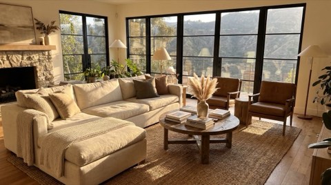 A warm staged living room interior in a Studio City home with natural daylight through large windows
