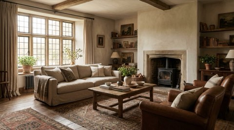 A beautifully staged living room in a traditional older home with warm natural light.