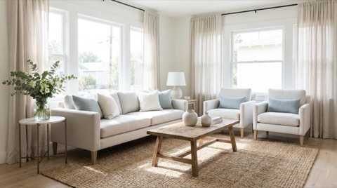 A bright, minimalist staged living room in a Venice bungalow