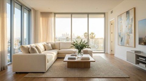 A bright, tastefully staged condo living room with a cream sofa, light wood coffee table, and abstract art, filled with warm natural daylight
